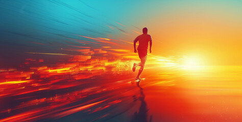 A man in motion, running on the sandy beach as the sun sets in the background, creating a beautiful silhouette.