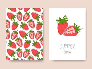 Summer sweet berry cards. Doodle abstract strawberry. Cute hand drawn summer time background. Template for card, poster, banner, cover