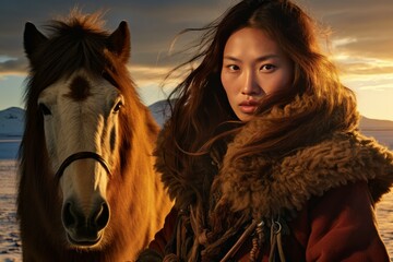 Fototapeta premium Captivating portrait of a woman with a beautiful horse against a sunset backdrop