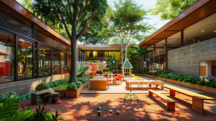 Kindergarten or hotel playroom or playground in the garden.