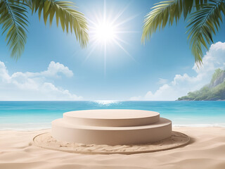 Obraz premium Beach podium background product summer sand display stand sea cosmetic. Product summer background podium beach sky scene presentation platform nature blue pedestal beauty water mockup