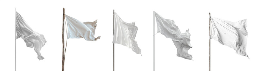 Set of white blank medieval and contemporary empty white flags blowing in the wind. New and old. Tattered and worn. Set 01