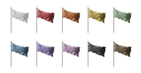 Set of blank multicolored flags blowing in the wind. 3D medieval flag on pole mast. Isolated transparent background PNG. 