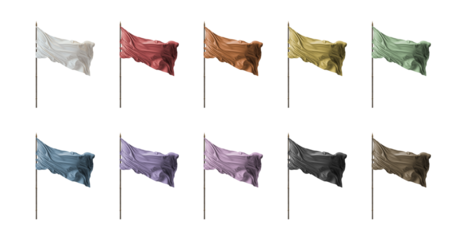 Set of blank multicolored flags blowing in the wind. 3D medieval flag on pole mast. Isolated transparent background PNG. 