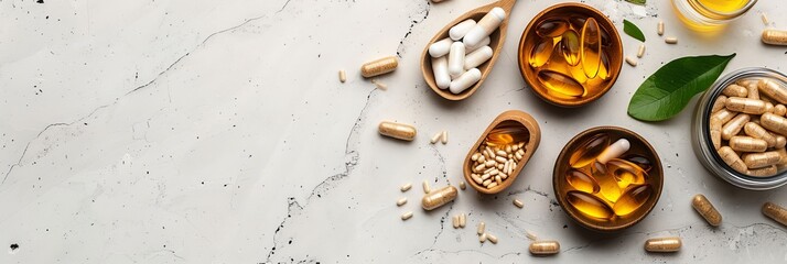 A white background with a variety of vitamins and supplements. Concept of health and wellness