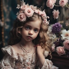Portrait of a beautiful little girl in a wreath of flowers