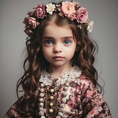Portrait of a beautiful little girl in a wreath of flowers