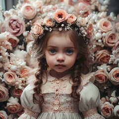 Portrait of a beautiful little girl in a wreath of flowers