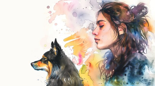 A young woman accompanied by her canine companion. Perfect for greeting cards and art prints