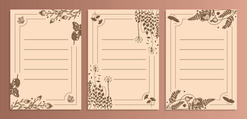 Plant motifs. Abstract floral doodle set of three A4 cards for scrapbooking. Abstract floral doodle template for letters. Templates for paper correspondence. Printable templates.