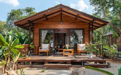 Naklejka premium The image shows a cozy tropical bungalow with a welcoming outdoor seating area, surrounded by lush greenery in a serene environment