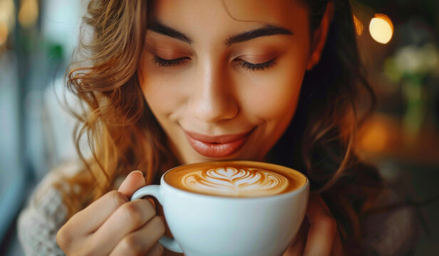 Cafe, smell and woman with coffee, relax and thinking with memory, cappuccino and happiness. Restaurant, person and girl with morning tea, scent and remember with break, aroma and latte with flavor