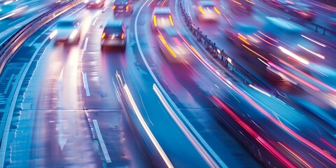 Bird's Eye View of a Busy Highway with Fast-Moving Traffic. Concept Roadways, Urban Traffic, Highway Aerial View, Transportation, Busy Streets