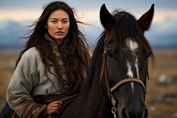 Obraz premium Portrait of a contemplative young woman riding a horse in an open field as evening falls