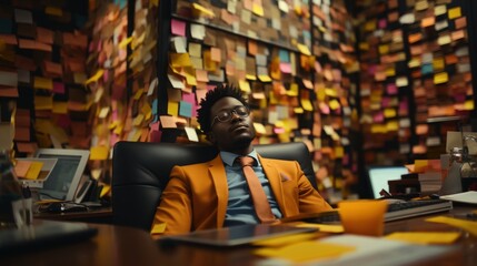 Exhausted African American Businessman Taking a Nap Amid Chaos of Sticky Notes - Powered by Adobe