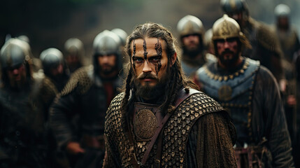 Intense Portrait of a Viking Leader with His Warrior Troop in the Background