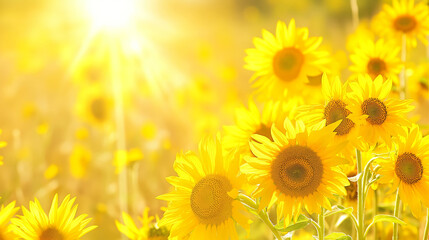 Obraz premium Sunny yellow background with sunflowers, copy space. Sunshine bright art design in warm color.