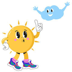 The sun with a face, in sneakers and with a cloud. Vector illustration