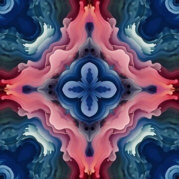 a blue and pink flower on a black background, symmetrical baroque painting, repeating. Kaleidoscope: Mesmerizing Abstract Loops. Colorful Infinite Patterns Abstract Kaleidoscope Background