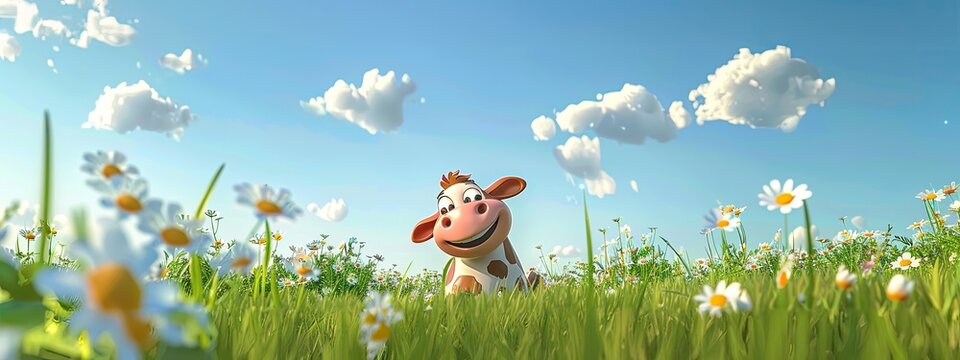 3D cartoon cow on the background of nature