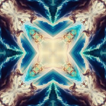 abstract illusionism, symmetrical tarot card, liquid clouds, psychedelic smoke, mythical animals. Kaleidoscope: Mesmerizing Abstract Loops. Colorful Infinite Patterns Abstract Kaleidoscope Background