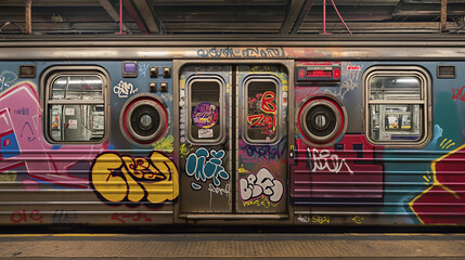 Colorful graffiti-covered subway train in urban setting