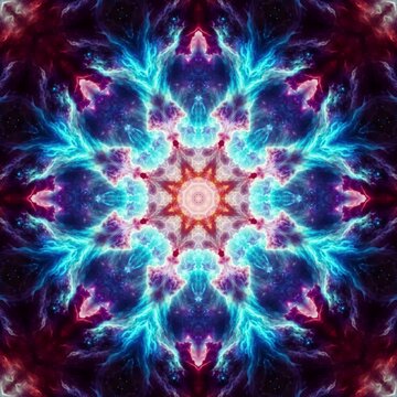 a psychedelic flower, the sky is a nebula on fire, symmetrical artwork, galactic temple. Kaleidoscope: Mesmerizing Abstract Loops. Colorful Infinite Patterns Abstract Kaleidoscope Background