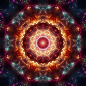 stars in the sky, psychedelic art, fractal burning halo, mandala, through the nebula. Kaleidoscope: Mesmerizing Abstract Loops. Colorful Infinite Patterns Abstract Kaleidoscope Background