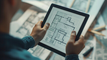 A dynamic shot of an engineer using a tablet to review architectural plans from waist height, integrating digital tools in design processes.