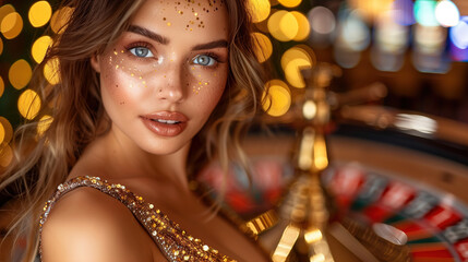 Obraz premium Glamorous Woman in a Sparkling Dress at a Casino Roulette Table at Night