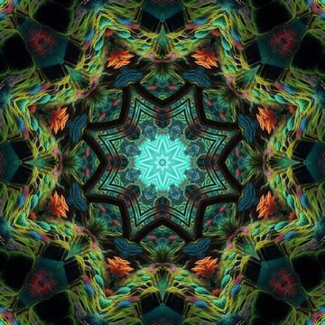 colorful flower psychedelic art symmetrical fantasy landscape lying on a mandala. Kaleidoscope: Mesmerizing Abstract Loops. Colorful Infinite Patterns Abstract Kaleidoscope Background