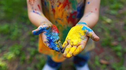 children's hands in paint close-up. selective focus