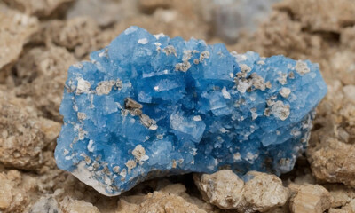 The blue crystals are embedded in a rocky matrix, giving a contrasting texture between the smooth, shiny crystals and the dull, rough stone.