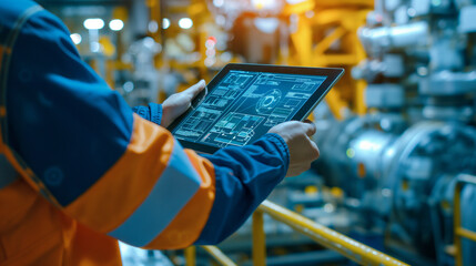 A close-up of an engineer's hands on a tablet with simulations, illustrating technology in engineering processes.
