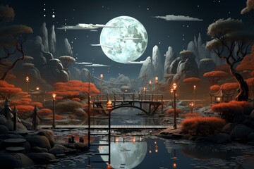 Fototapeta premium Serene night scene of an oriental garden with a full moon reflection over a tranquil pond
