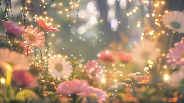 The magical secret garden with flowers and fairy lights fireflies.
