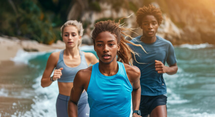 Three athletes in sportswear running on a sandy seashore with soft evening light.