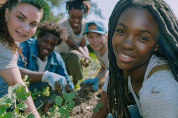 A group of people are smiling and working together in a garden