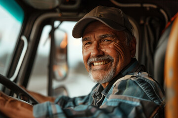 A man wearing a hat and glasses is smiling while driving a truck