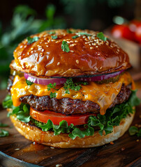 Delicious juicy beef burger with cheese tomato onion lettuce and sesame seed bun