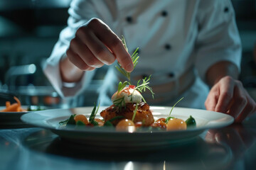 A chef is preparing a dish with a garnish on top