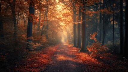 An enchanted forest in autumn, filled with golden leaves in autumn. Resplendent.