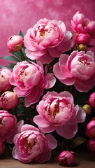 Pink peony flowers background. Vertical view backdrop for social media. Romantic love backdrop