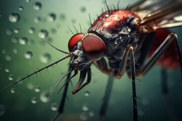 Close-up of a housefly with water droplets on a gradient background