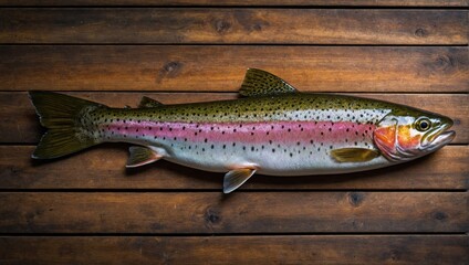 Rainbow trout on the wooden table, top view