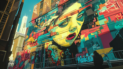 Colorful street art mural depicting a vivid collage of urban life and pop culture