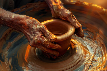 A potter's hands are covered in clay as they shape a pot on a wheel