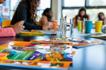 A group of people are sitting around a table with a variety of colorful books