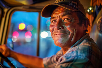 A man is driving a truck and smiling