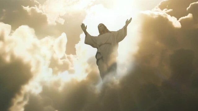 God Jesus Christ rising up into the bright light of heaven clouds.